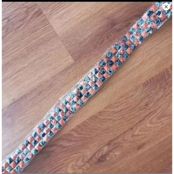 Faux Black Leather Belt With Orange And Black Studs, Marble Pattern - Picture 1 of 2